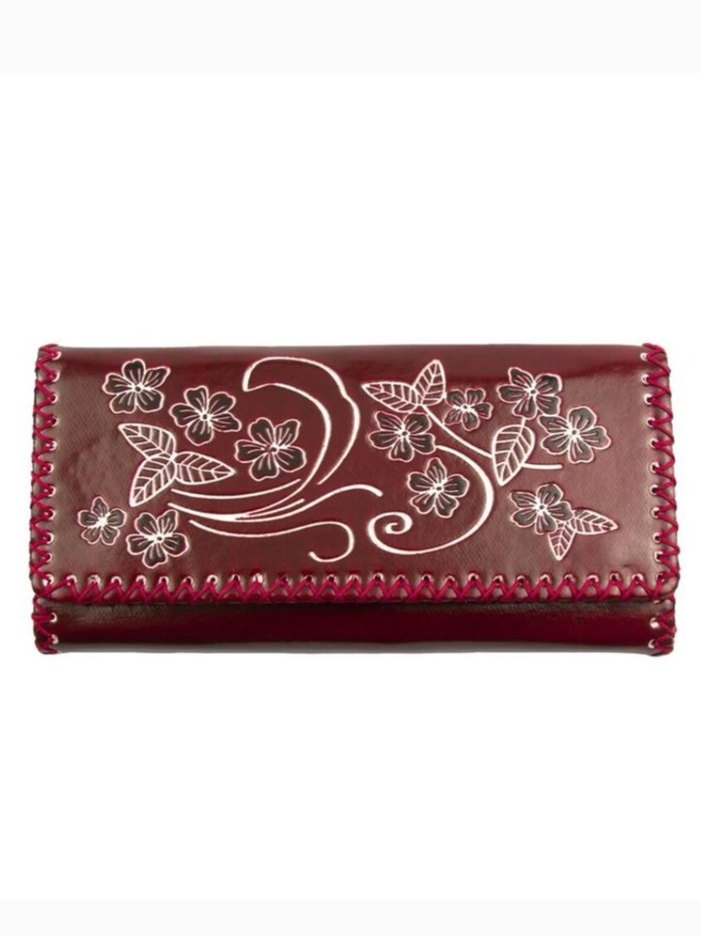 Embroidered Whipstitch Floral Leather Wallet - Burgundy